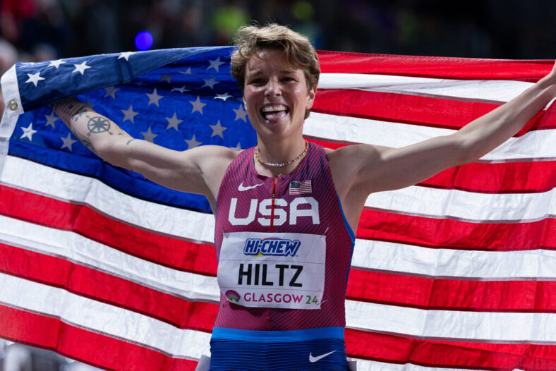 Nikki Hiltz of the United States poses for photos after finishing second in the women's 1,500-meter final at the World Athletics Indoor Championships at Emirates Arena on March 3, 2024, in Glasgow, Scotland.