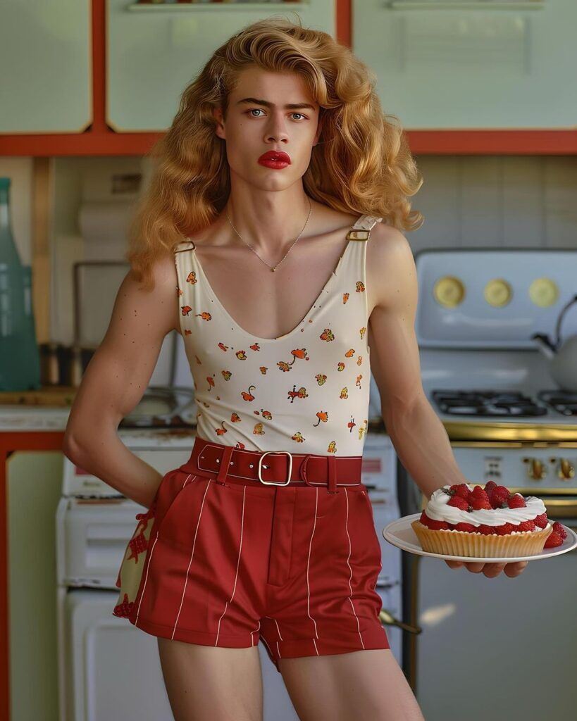 Harrison Butker in drag holding a cake.