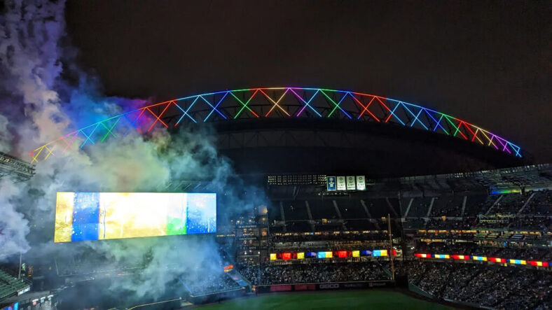 A postgame fireworks show during Pride Night.