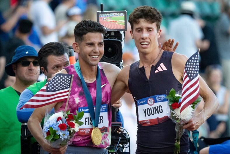 Nico Young, right, with Grant Fisher after the men's 10,000 meters at U.S. Olympic track and field trials in Eugene, Ore. Young and Fisher will be joined by Woody Kincaid on the U.S. Olympic team.