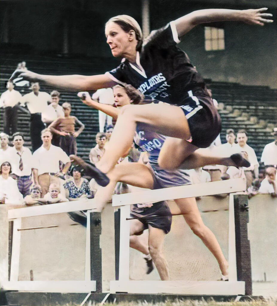 Mildred “Babe” Didrikson Zaharais wins the 80-meter hurdles at the Olympic tryouts in Evanston, Illinois in 1932.