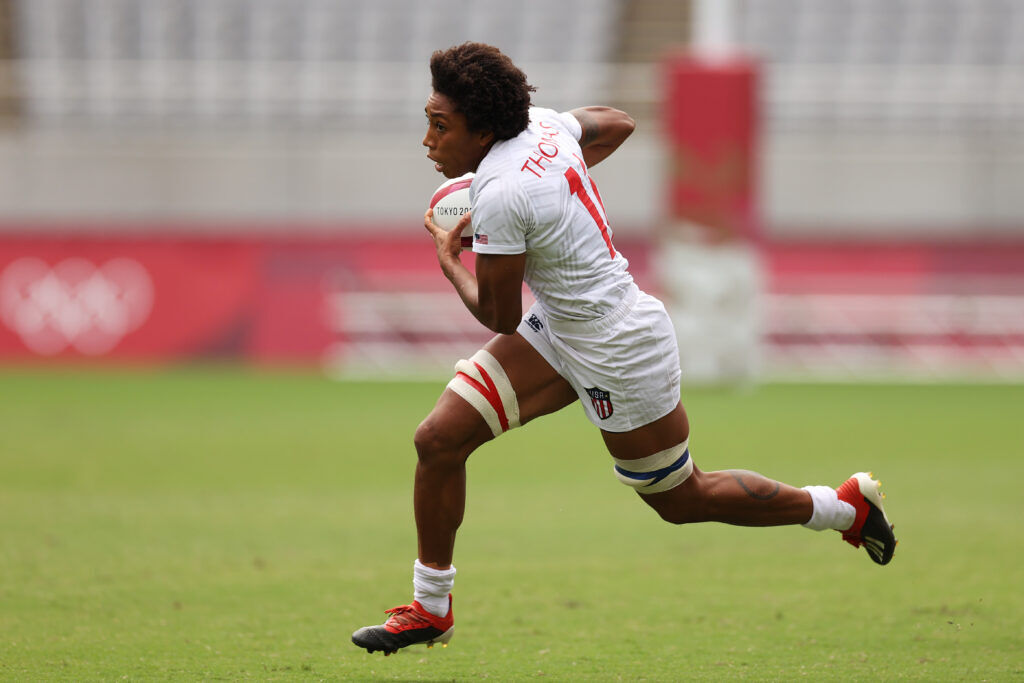 Kristen Thomas of Team United States breaks away to score a try during the Rugby Sevens on day eight of the Tokyo 2020 Olympic Games. 