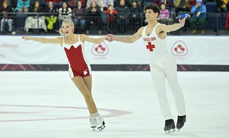 Piper Gilles and Paul Poirier compete in the rhythm dance during the 2025 Canadian National Figure Skating Championships at Place Bell in Quebec.