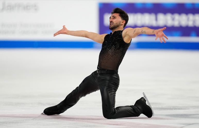 Kevin Aymoz competes in a men's short program in 2024.