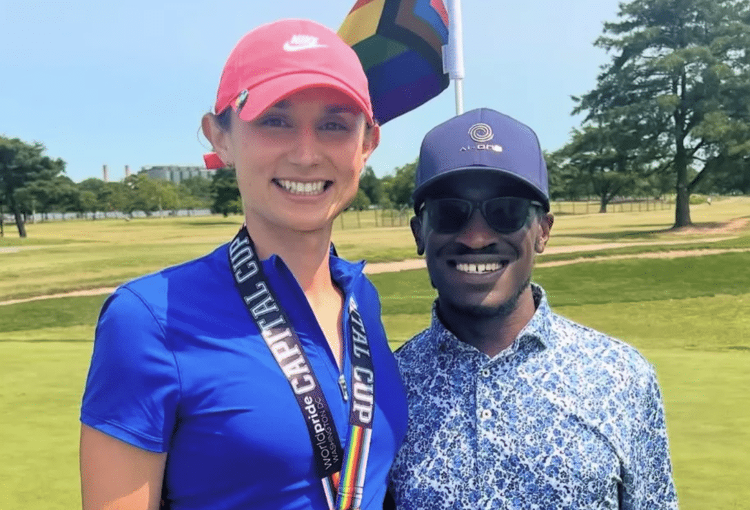 Benni Wescott and Langston Frazier smile for the camera on the golf course