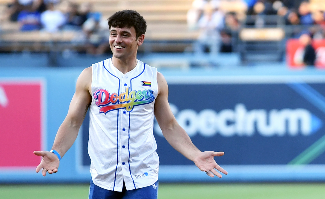 Tom Daley on the Dodgers field for MLB Pride Night