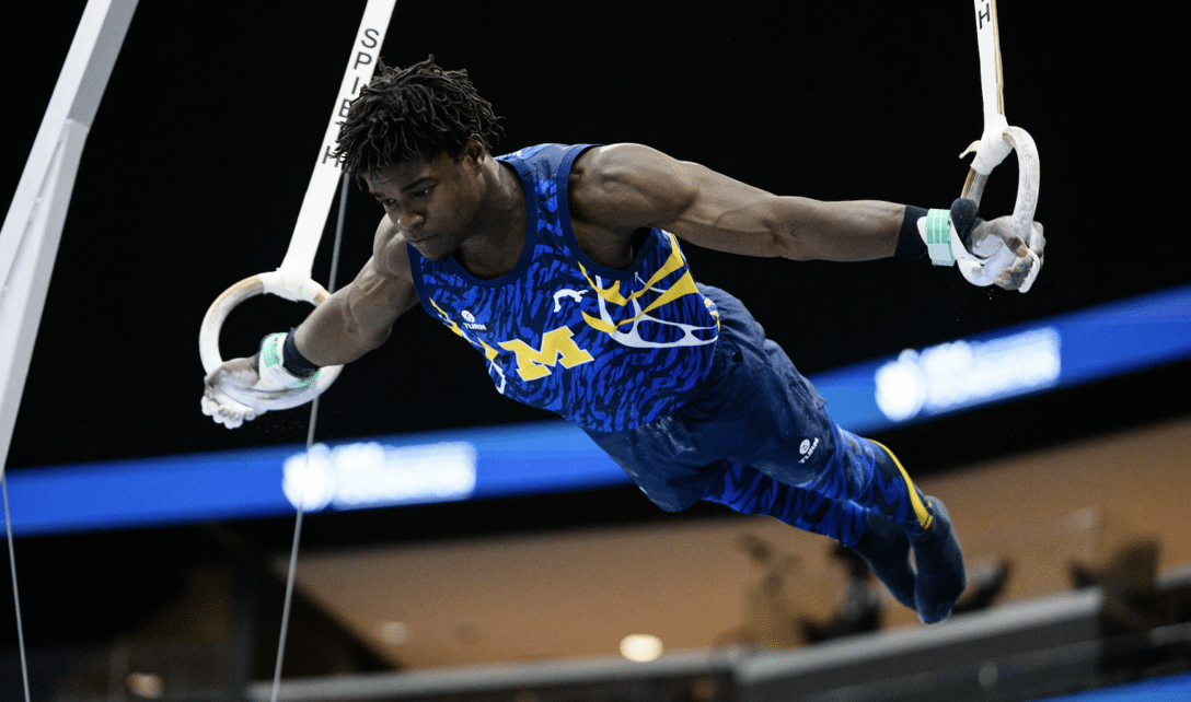 Frederick Richard competes on the US Gymnastics Championships rings.