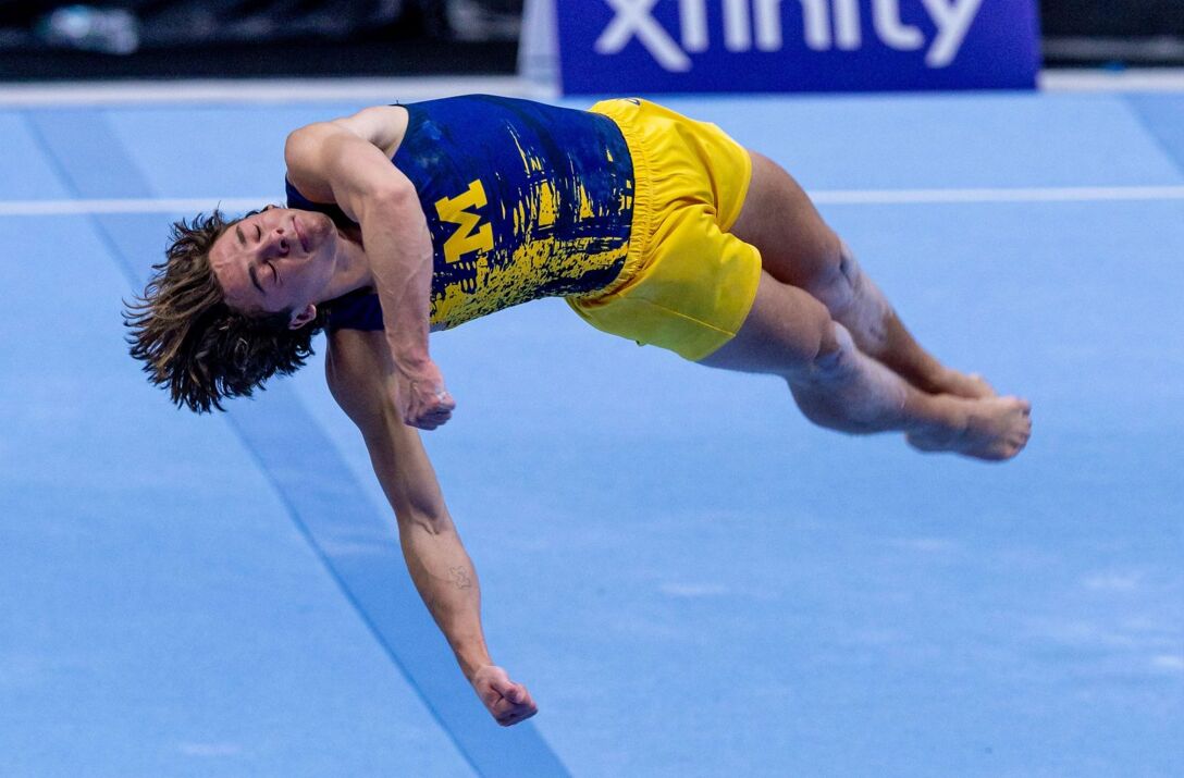 Charlie Larson of the University of Michigan performs on floor exercise during the men’s 2025 U.S. Gymnastics Championships in New Orleans.